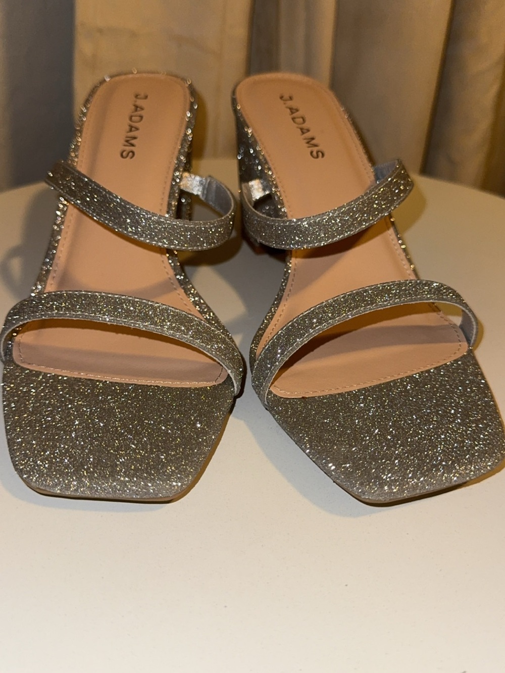 J Adams Silver Stormi, Glitter Double-Strap Block Heel Sandals